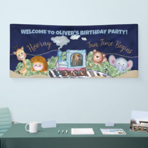 Cute train engine birthday party banner