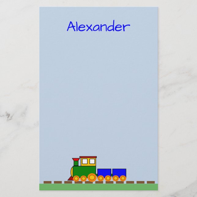 Cute Train with Boy's Name Blue Stationery (Front)