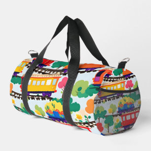 Cute trains and trees pattern blue duffle bag