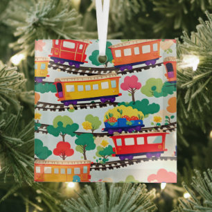 Cute trains and trees pattern blue glass tree decoration