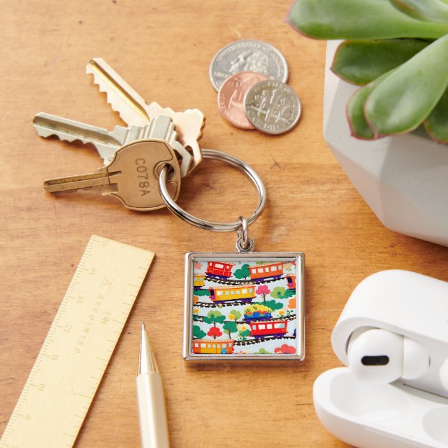 Cute trains and trees pattern blue key ring (Desk)