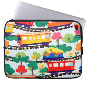 Cute trains and trees pattern blue laptop sleeve