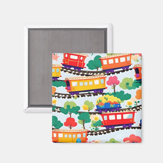 Cute trains and trees pattern blue magnet (Front/Back)