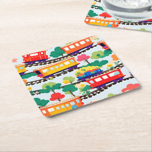 Cute trains and trees pattern blue square paper coaster