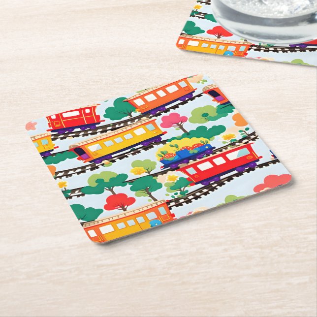 Cute trains and trees pattern blue square paper coaster (Angled)