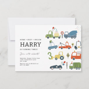 Cute Transportation Themed Party Invitation AGE 3
