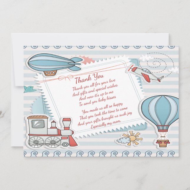Cute Travel Themed Baby Boy Shower Thank You (Front)