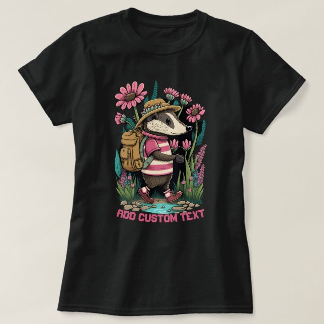 Cute Traveller Badger in wildflower, Badger Lovers T-Shirt (Design Front)