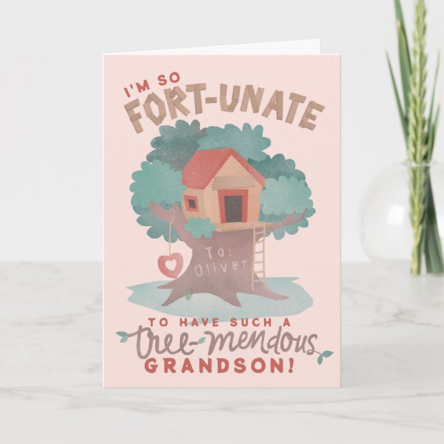 Cute Tree Fort Punny birthday wish for grandson Card (Front)