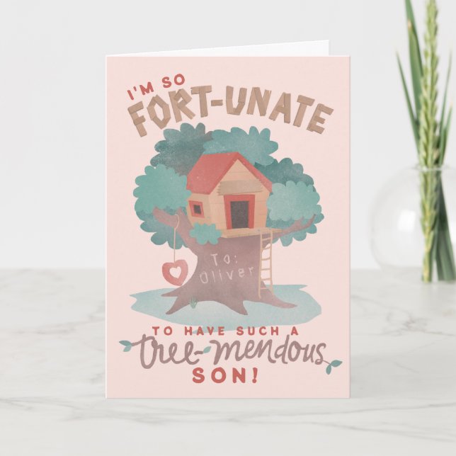 Cute Tree Fort Punny birthday wish for son Card (Front)