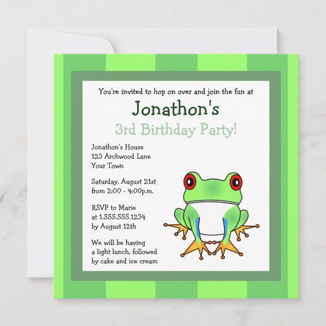 Cute Tree Frog w/ Stripes Birthday Invite (Front)