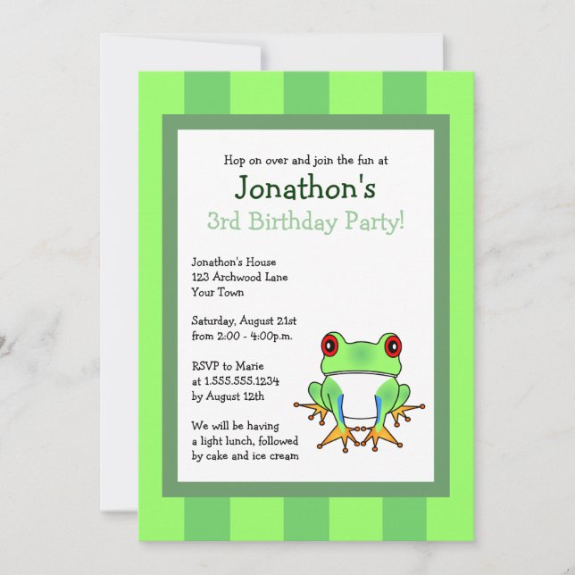 Cute Tree Frog w/ Stripes Birthday Invite 5x7 (Front)
