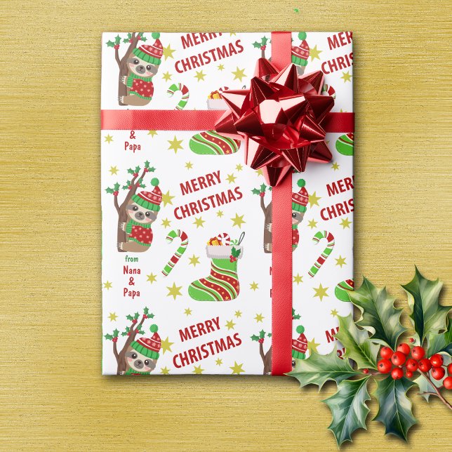 Cute Tree Sloth and Christmas Stocking Kids Wrapping Paper (Creator Uploaded)