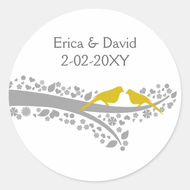 cute tree yellow lovebirds wedding favour stickers (Front)