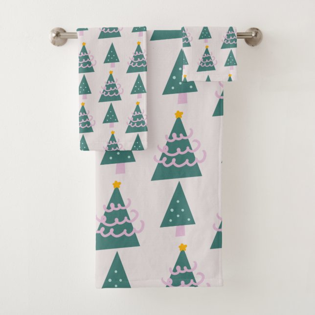Cute Trees Doodles Pink Green               Bath Towel Set (Insitu)
