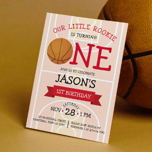 Cute Trendy Basketball Court & Ribbon 1st Birthday Invitation