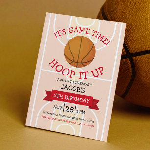 Cute Trendy Basketball Court & Ribbon Birthday Invitation