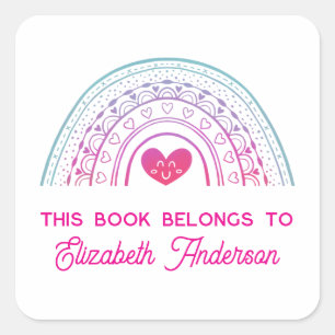 Cute Trendy Boho Rainbow Kids Bookplate Square Sticker
