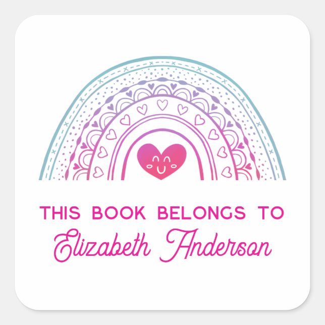 Cute Trendy Boho Rainbow Kids Bookplate Square Sticker (Front)