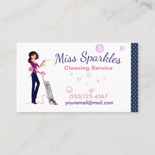 Cute Trendy Cartoon Maid House Cleaning Services Business Card (Front)