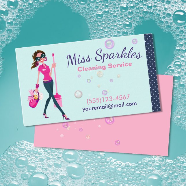 Cute Trendy Cartoon Maid House Cleaning Services Business Card (Creator Uploaded)