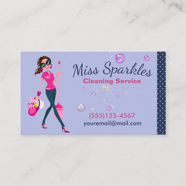Cute Trendy Cartoon Maid House Cleaning Services Business Card (Front)