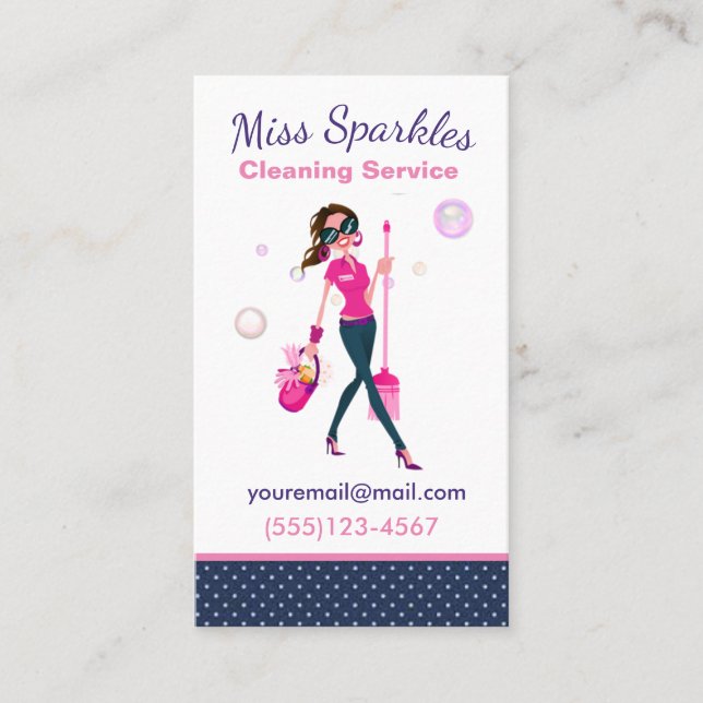 Cute Trendy Cartoon Maid House Cleaning Services Business Card (Front)