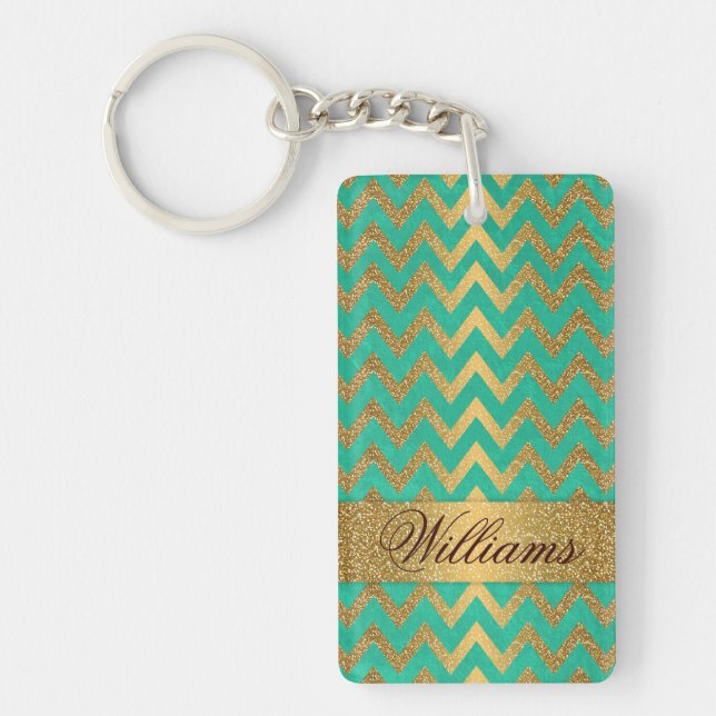 Cute trendy chevron zigzag faux gold glitter key ring (Front)