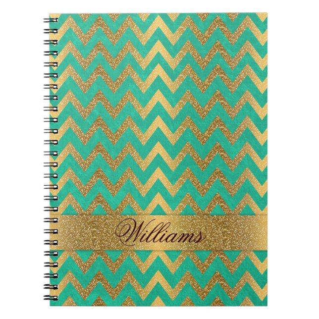 Cute trendy chevron zigzag faux gold glitter notebook (Front)