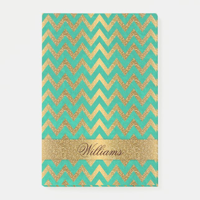 Cute trendy chevron zigzag faux gold glitter post-it notes (Front)