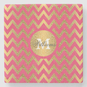 Cute trendy chevron zigzag faux gold glitter stone coaster