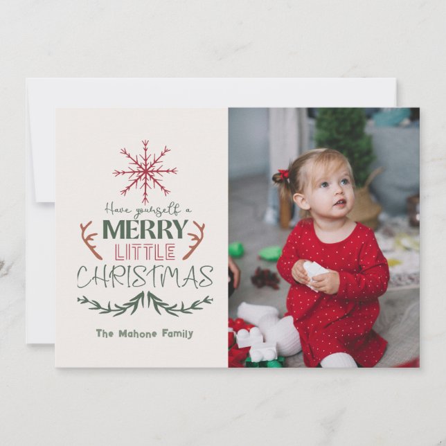 Cute Trendy Family 2 Photo Merry Little Christmas Holiday Card (Front)