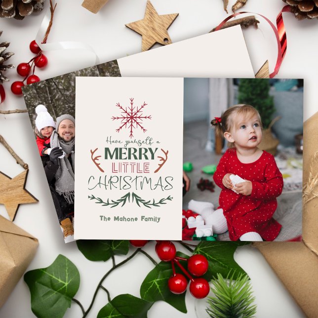 Cute Trendy Family 2 Photo Merry Little Christmas Holiday Card (Creator Uploaded)