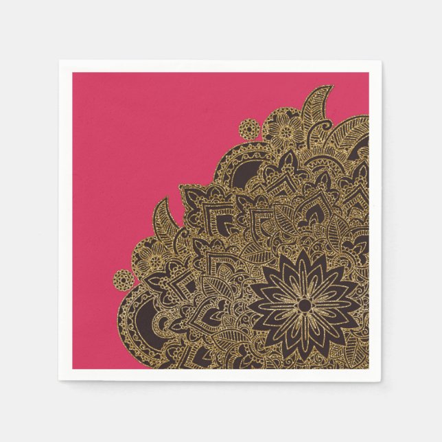 Cute trendy faux gold glitter flower henna napkin (Front)