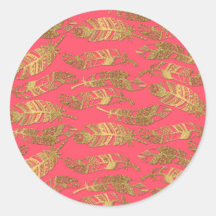 Cute trendy faux gold glitter tribal feathers classic round sticker