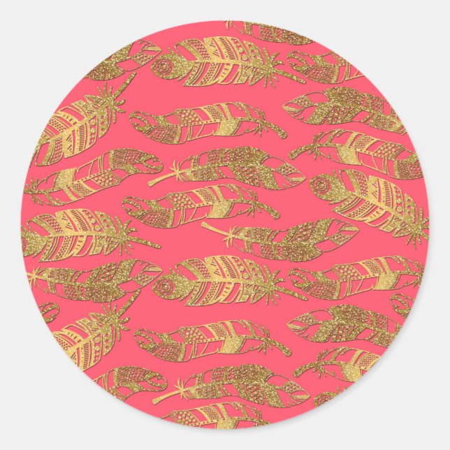 Cute trendy faux gold glitter tribal feathers classic round sticker (Front)