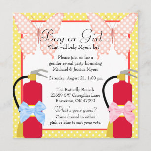 Cute Trendy Fire Fighter & Butterfly Gender Reveal Invitation