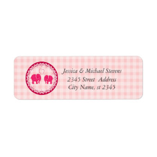 Cute trendy gingham elephants in love wedding return address label