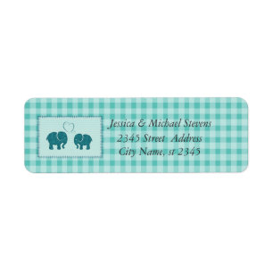 Cute trendy gingham elephants in love wedding return address label