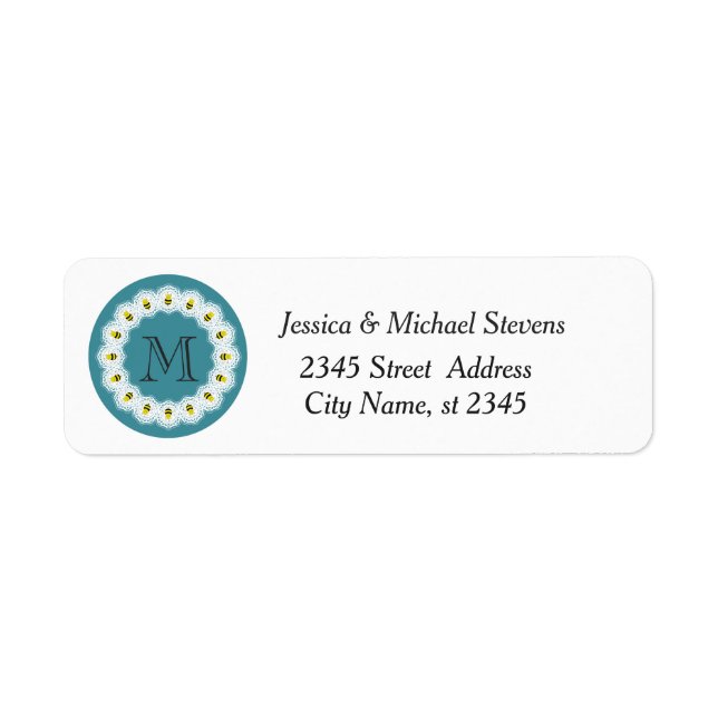Cute trendy girly cartoon bees monogram return address label (Front)
