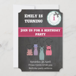 Cute trendy girly chalkboard funny cats birthday invitation