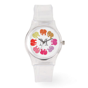Cute trendy girly colourful elephants monogram watch