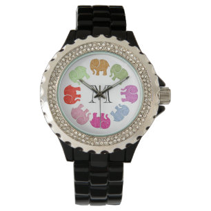 Cute trendy girly colourful elephants monogram watch