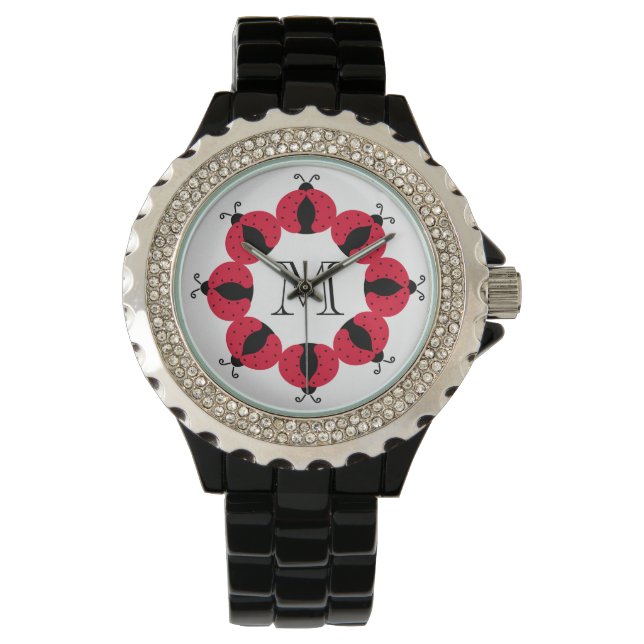 Cute trendy girly fun chic ladybugs monogram watch (Front)