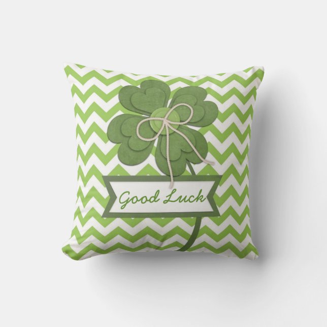 Cute trendy girly "Good Luck" four leaf clover Cushion (Front)