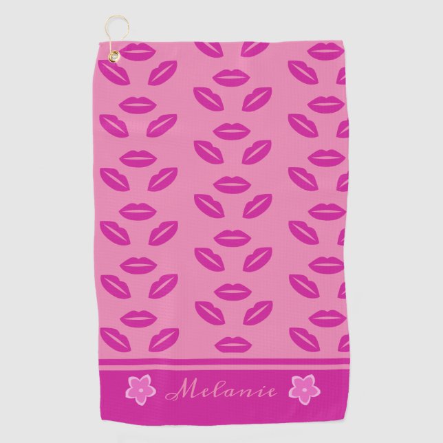 Cute Trendy Girly Pink Lips Pattern Personalised Golf Towel (Front)