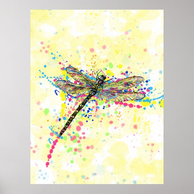 Cute trendy girly watercolor splatters dragonfly poster (Front)