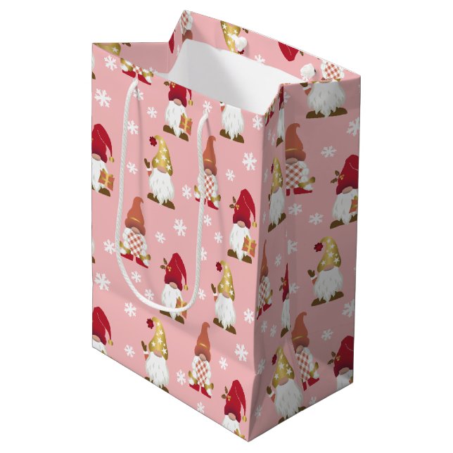 Cute Trendy Gnomes Winter Gold Pink Red Medium Gift Bag (Front Angled)