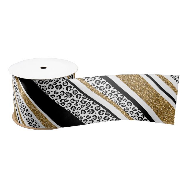 Cute trendy  gold faux glitter leopard stripes satin ribbon (Spool)