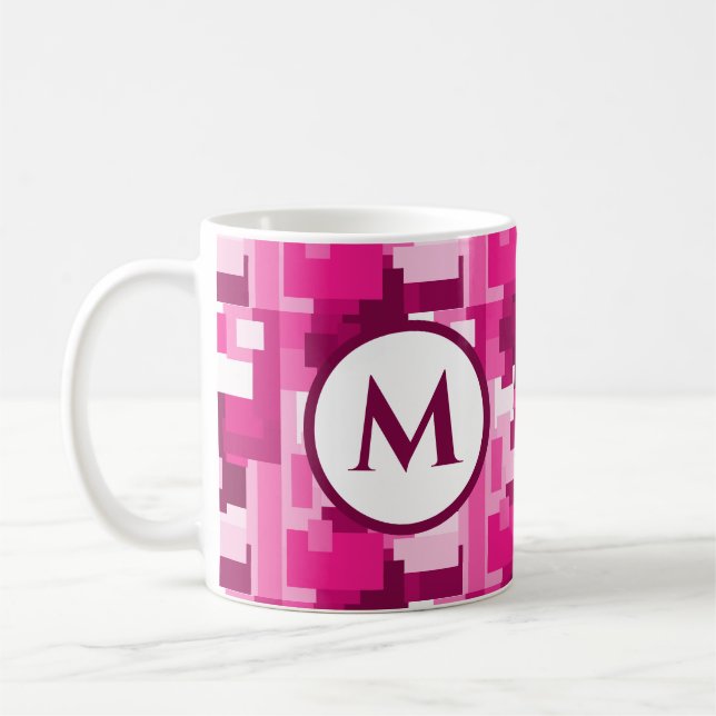 Cute Trendy Hot Pink Digital Camo Pattern Monogram Coffee Mug (Left)